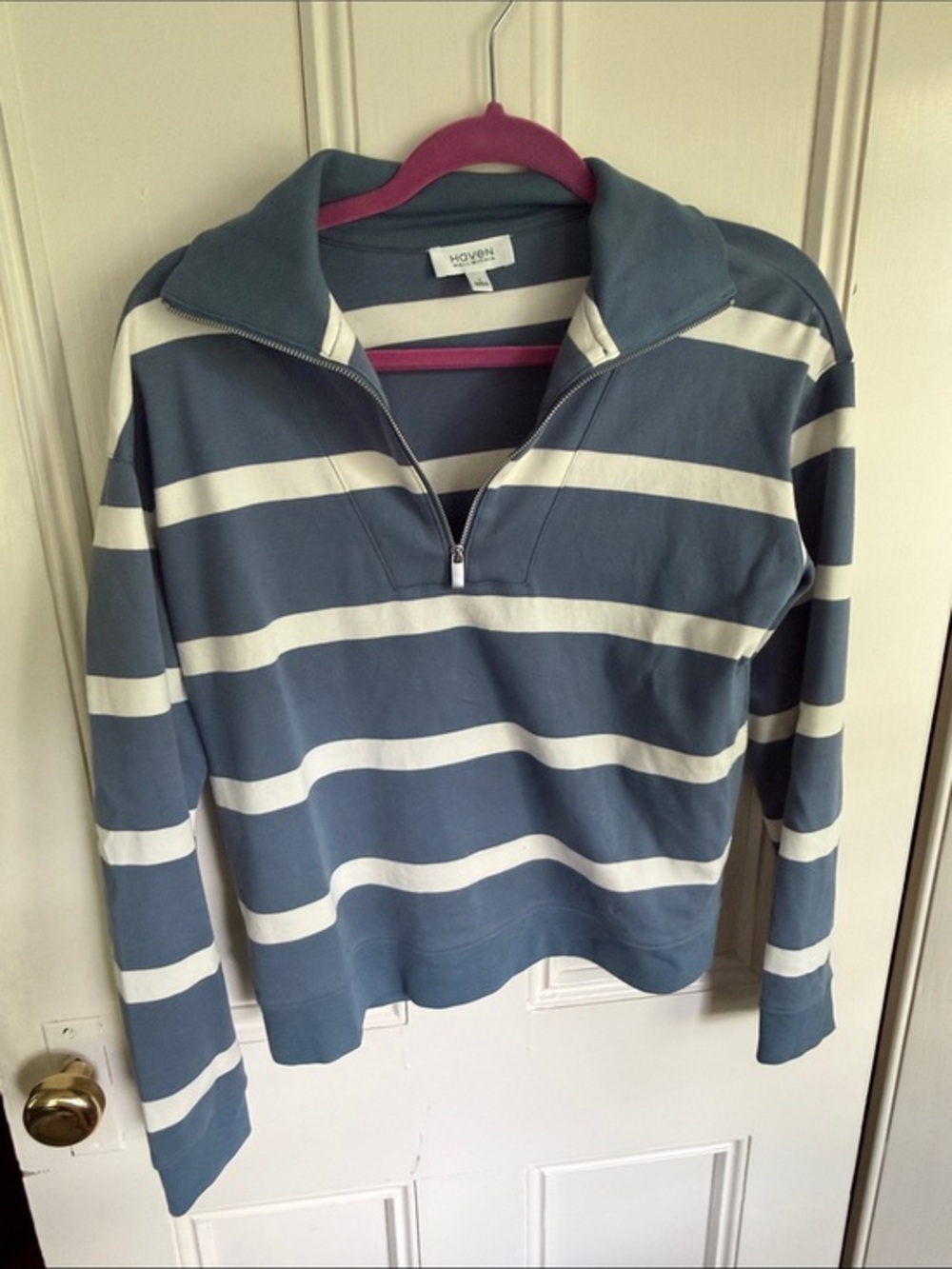 Haven Women's Blue and White Striped Zip-Up Sweater